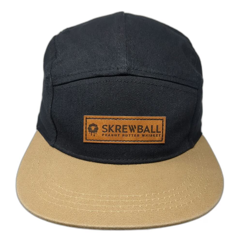 Skrewball 5 Panel Black One Size Peanut Butter Whiskey Leather Flat Brim Hat
